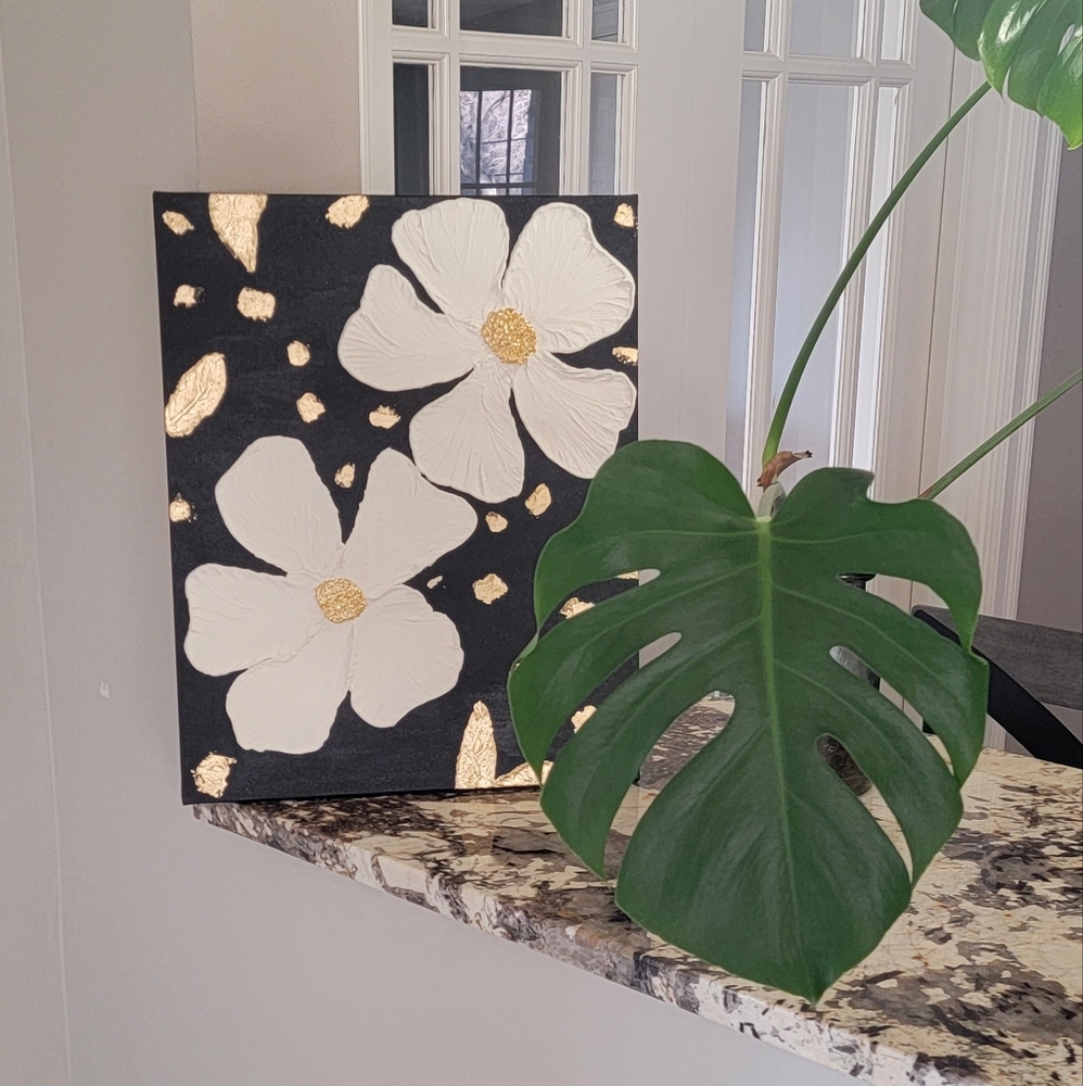 Modern Floral Canvas with Gold Highlights